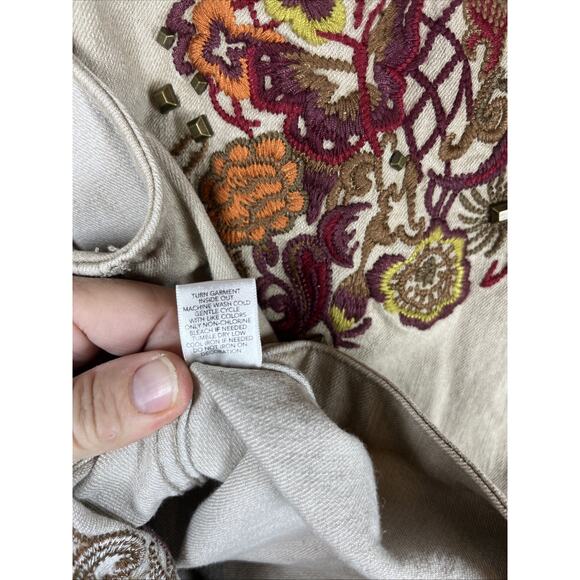 Christopher & Banks Embroidered Vest Beige Denim Studded Fall Floral Button L - Picture 10 of 11